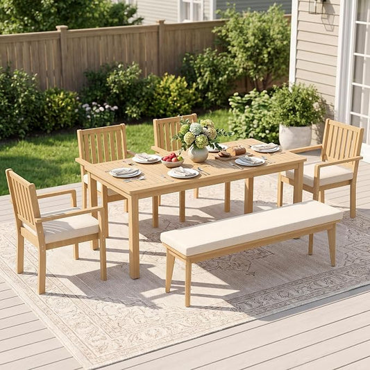 Wisteria Lane 6 Pieces Acacia Outdoor Patio Table and Chairs Set for 6, Patio Outdoor Dining Table Set with with Bench and Cushion, Modern Outdoor Patio Set for Deck Lawn Backyard Garden, Brown