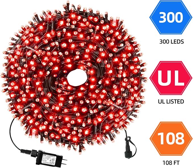 MZD8391 105FT 300LED Christmas Light Outdoor Indoor,Christmas Tree Light | Red, 100% UL Listed, Waterproof, 8 Light Modes, Timer & Memory, End To End Connect, Christmas String Light Outdoor Indoor