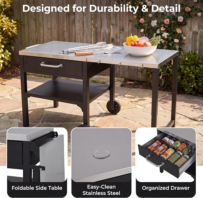 55” Outdoor Grill Table with Storage Cabinet & Folding, Metal | Stainless Steel Top Grill Cart for Kitchen with Wheels & Hooks, Kitchen Island Prep Table/Pizza Oven Table for BBQ Backyard