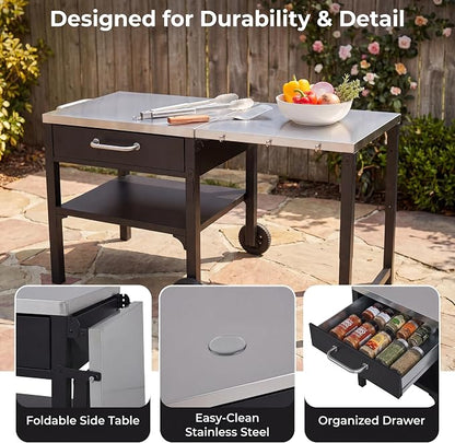55” Outdoor Grill Table with Storage Cabinet & Folding, Metal | Stainless Steel Top Grill Cart for Kitchen with Wheels & Hooks, Kitchen Island Prep Table/Pizza Oven Table for BBQ Backyard