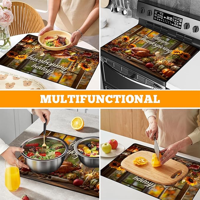 Multi-Design Stove Cover for Glass/Electric Stoves - 3-in-1 Heat-Resistant Protector Mat, Non-Slip Drying Rack 28"x20"