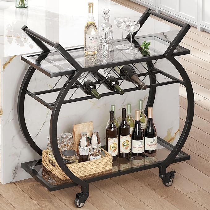 LVB Bar Cart with Glass, Black Bar Cart with Wheels, Home Bar Serving Cart | 2 Tier Glass Shelves Bar Cart with Storage, Wine Cart with Wine Rack, Liquor Cart for Kitchen, Bar, Dinning Room