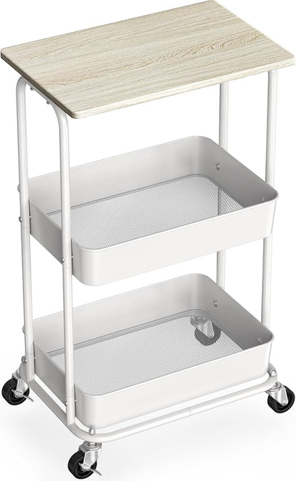 Simple Houseware 2-Tier Rolling Utility Cart Wood Top/Lockable Wheel, Maple | Metal Storage Organizer Trolley for Kitchen, Bathroom, Office, Craft Room