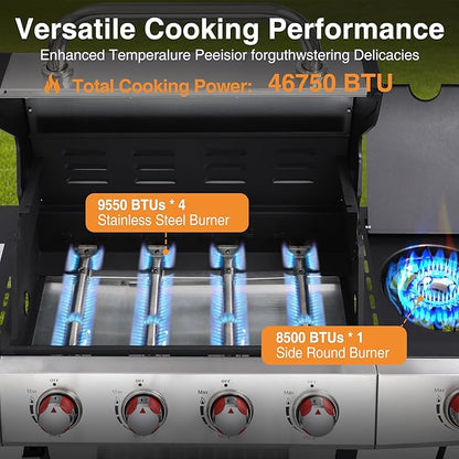 Dual Fuel 4-Burner Gas Grill with Side Burner & Charcoal Trays, 4-in-1 Outdoor BBQ & Griddle Combo, Cast Iron Grates + Flat Top, 448 sq in Large Portable for Backyard Camping
