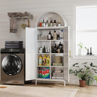 Metal Arched Pantry Cabinet with 4 Adjustable Shelves, Farmhouse Tall Arched Cabinet with 2 Doors for Kitchen，Living Room,White, Assemble Required, 13.8" D x 27.6" W x 66.9" H