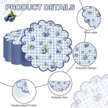 100 Pcs Blueberry Paper Placemats Blue Fruit Place Mats 13.5 Inch Disposable Round Decorative Dining Table Mats with Scalloped Edges for Spring Summer Birthday Bridal Wedding Party Supplies