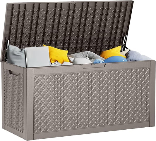 110 Gallon Outdoor Deck Box, Resin Waterproof Storage Box With Lockable Lid, UV-Resistant Multi-Purpose Outdoor Storage Bench for Patio Cushions, Garden Tools, Pool Accessories (110 Gallon, Grey)