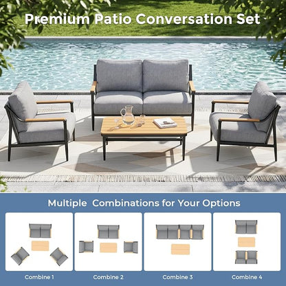 Jocoevol 4 Pieces Outdoor Sofa Conversation Set, 4 Seats Couch Set with Table, Metal Frame Rope Weaving Design UV Resistance Waterproof for Patio Garden Balcony, Grey