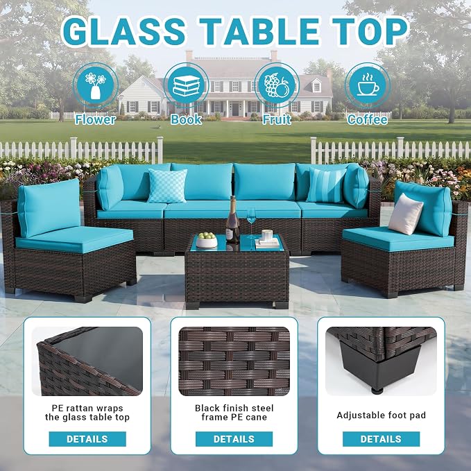 LAFWELL 7 Pieces Outdoor Patio Furniture Sets,Rattan Conversation Sectional Set,Manual Weaving Wicker Patio Sofa with Tea Table
