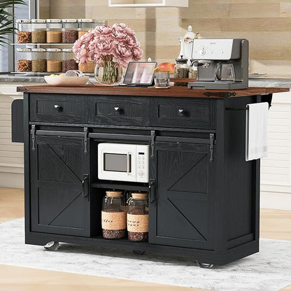 53.7" Farmhouse Kitchen Island with Power Outlet,2 Sliding Barn Door Storage w/Drop Leaf and Spice Rack Rolling Carts on Wheels & Metal Handle,for Home,Dining Room,Black, 50.25"