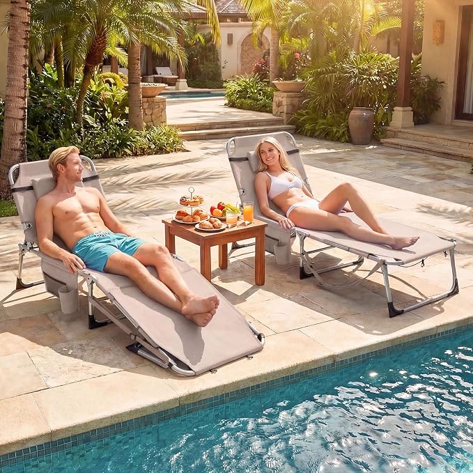 Goplus Tanning Chair with Face Arm Holes, Portable Sunbathing Chair with 4-Level Backrest & Head Pillow, Patio Lay Flat Folding Chaise Lounge with Side Pocket & Shoulder Strap for Poolside, Beach