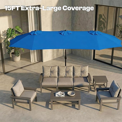 15FT Large Outdoor Patio Umbrella with Solar Lights and Base, Double-Sided Table Umbrellas with 48 LED Lights, Rectangle Market Umbrella for Pool, Deck, Backyard