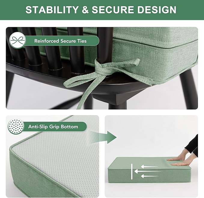 Summsun Outdoor Cushions for Patio Furniture, Faux Linen Water Resistant Backrest and Deep Seat Cushion Set with Removable Cover, Straps, Non-Slip Bottom, 24 x 24 Inch, Sage Green, Set of s