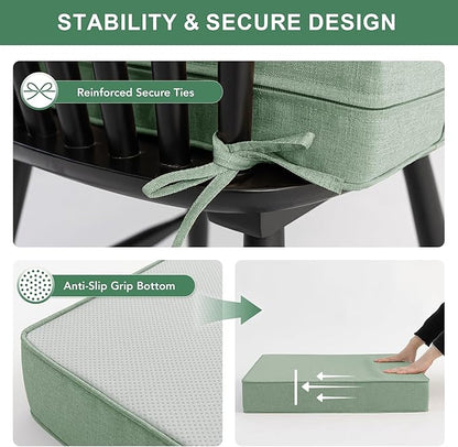 Summsun Outdoor Cushions for Patio Furniture, Faux Linen Water Resistant Backrest and Deep Seat Cushion Set with Removable Cover, Straps, Non-Slip Bottom, 24 x 24 Inch, Sage Green, Set of 4