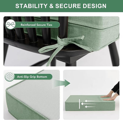 Summsun Outdoor Cushions for Patio Furniture, Faux Linen Water Resistant Backrest and Seat Cushion Set with Removable Cover, Ties, Non-Slip Bottom, 19 x 19 Inch, Sage Green, Set of 4