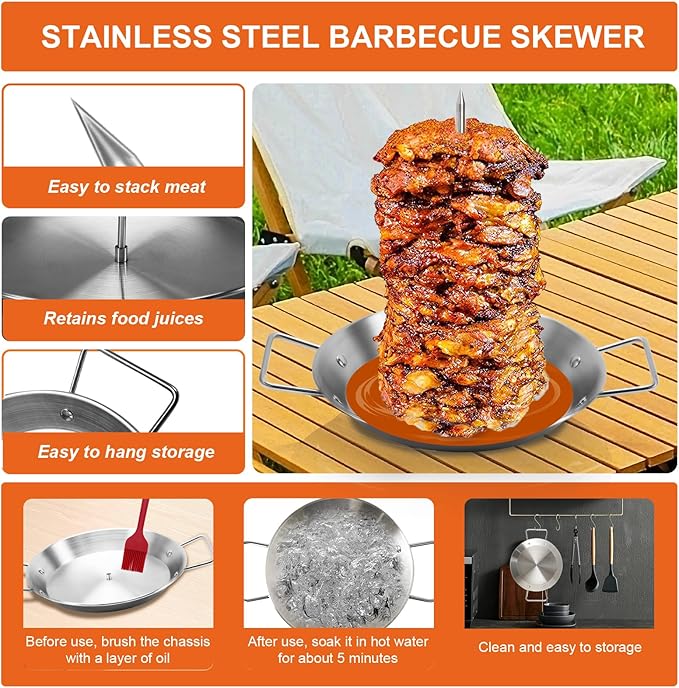 Al Pastor Skewer for Grill, Stainless Steel Vertical Skewer, Brazilian Vertical Spit Stand with 3 Removable Spikes(8”/10"/12”)& Brushes, for Tacos Al Pastor, Shawarma Kebabs Smoker Oven BBQ Dishes