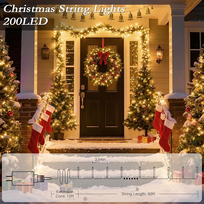 66FT 200 LED Warm White String Lights, 8 Modes Fairy Lights with Timer, IP65 Waterproof & Durable Indoor Outdoor Decor for Garden, Patio, Party