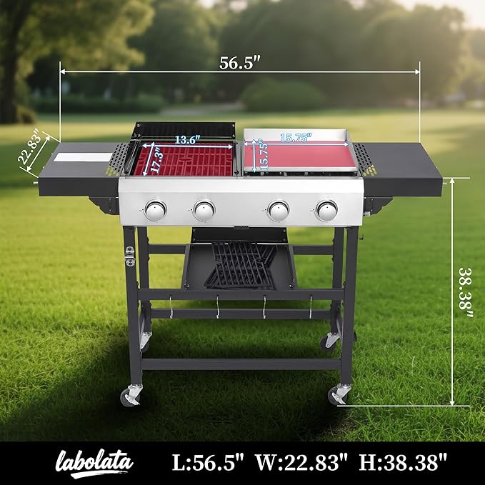 2-in-1 Propane Gas Grill and Griddle Combo– 40,000 BTU Gas Grill with Cast Iron Grates and Stainless Steel Griddle, Outdoor BBQ Station with Grease Trays, Foldable Tables for Camping and Backyard