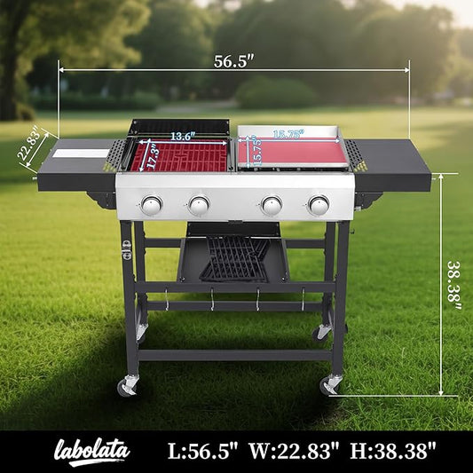 2-in-1 Propane Gas Grill and Griddle Combo– 40,000 BTU Gas Grill with Cast Iron Grates and Stainless Steel Griddle, Outdoor BBQ Station with Grease Trays, Foldable Tables for Camping and Backyard