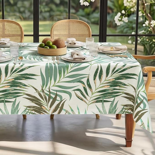 Seenus Summer Tropical Palm Leaf Tablecloth for Hawaiian Aloha Luau Party, Waterproof & Wipeable Eucalyptus Table Cloth with Flannel Backing for Outdoor BBQ & Patio Decor, Rectangle 60x84 Inch