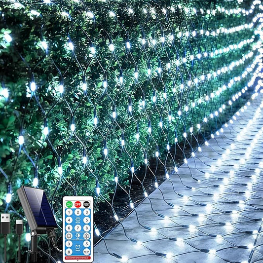 Lovelite 11.5ft x 5ft Solar Net Lights Outdoor, 240LED Christmas Mesh Lights Solar & USB Powered, Waterproof String Lights 8 Modes Green Wire for Bushes Patio Garden Holiday Party Decor (Cool White)