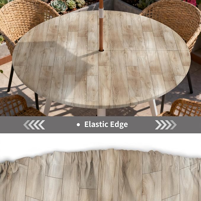 Outdoor Tablecloth with Umbrella Hole and Zipper Fits 37-44" Tables | Waterproof Round Fitted Tablecloth with Elastic Edge, Wipeable Outdoor Table Cover for Patio, Garden, Picnic