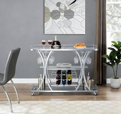 Silver Bar Carts with Glass Holders & Wine Rack, 3 Tier Home Bar Serving Carts with Glass Shelves, Metal Rolling Bar Carts for The Home Kitchen, Party