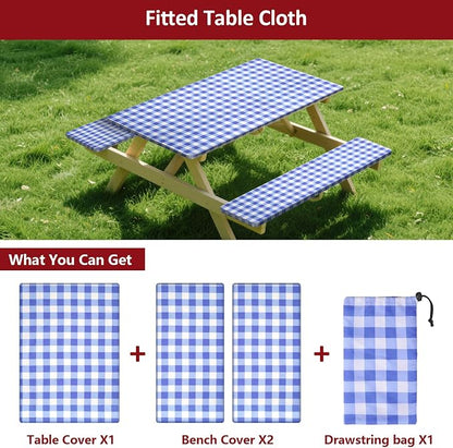 6ft 72in Picnic Table and Bench Cover, 3 Pack, Blue-White Checkered | Drawstring Bag, Waterproof Windproof, Elastic Fitted Edges Tablecloth, for Rectangle Table & Seat, Camping Essentials RV Gear