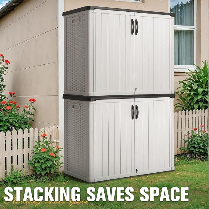 Greesum Outdoor Storage Cabinet with Lockable Doors, 26 CuFt, White | Easy to Assemble | All-Weather Resistance | Sturdy Sidehandles | Multi-purpose Resin Large Storage Box