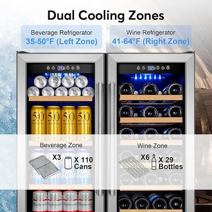 30" Dual Zone Wine and Beverage Refrigerator, Under Counter or Freestanding | 29-Bottle 110-Can capacity, Fast cooling, Ideal for home bar office, Adjustable shelves, Temperature memory, LED display