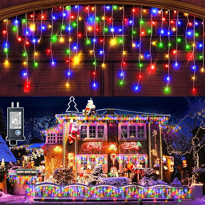 99FT Icicle Lights for Outside 1216 LED Multicolor Christmas Lights Outdoor | Plug in Icicle Christmas Lights 8 Modes Waterproof with 120 Drops for Indoor House Party Wedding Decoration