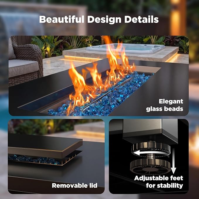Ciays 43″ Gas Fire Pit with Glass Beads & Lid, Cup Holders, Hanging Shelf