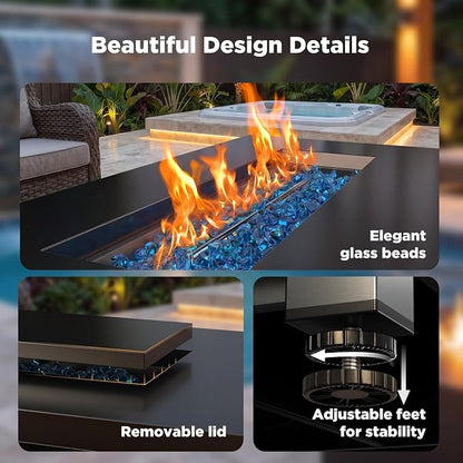 Ciays 43″ Gas Fire Pit with Glass Beads & Lid, Cup Holders, Hanging Shelf