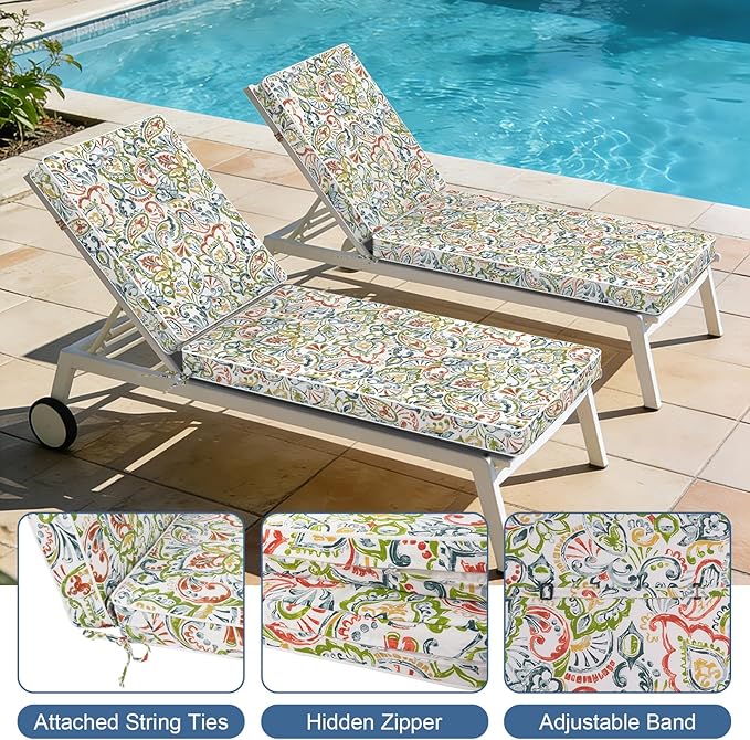 LVTXIII Outdoor Chaise Lounge Cushion 72x21x3 Inch, Water-Repellent Patio Seat Cushion with Ties & Hidden Zipper, Thick Foam Pad for Lawn Chair, Poolside, Patio Furniture, Paisley Botanical