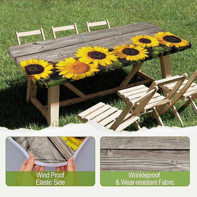 Irisbell Picnic Table Cover with Elastic Edge,6FT Wind Proof Wrinkleproof Fitted Tablecloth Cover Camping Beach Patio Rectangle Table Cloth for Indoor Outdoor (Wood & Sunflower, 30'' x 72'')
