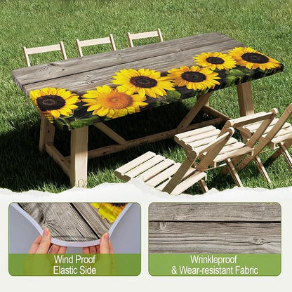 Irisbell Picnic Table Cover with Elastic Edge,6FT Wind Proof Wrinkleproof Fitted Tablecloth Cover Camping Beach Patio Rectangle Table Cloth for Indoor Outdoor (Wood & Sunflower, 30'' x 72'')
