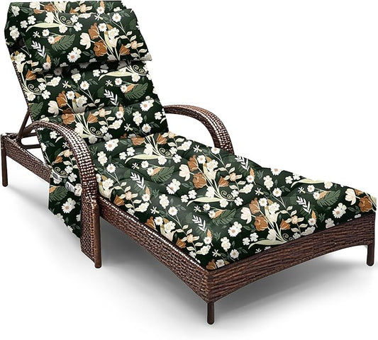 Outdoor Chaise Lounge Chair Cushion, Waterproof Outdoor Chair Cushions for Patio Furniture, 71 x 21 x 4 Inches Replacement Chaise Lounge Cushion with Ties (Black Flower)