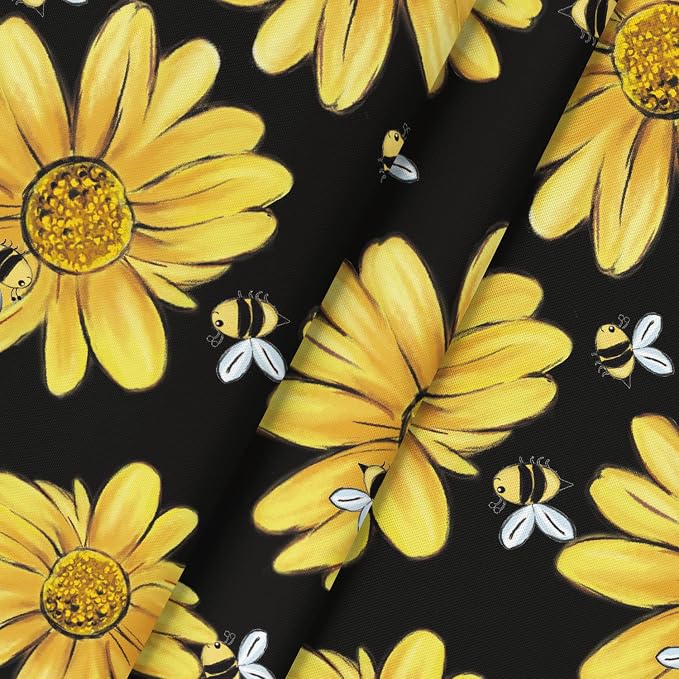 Horaldaily Summer Tablecloth 90 x 90 Inch Round Yellow Sunflower Bumble Bee | Black Fall Washable Table Cover for Party Picnic Dinner Decor