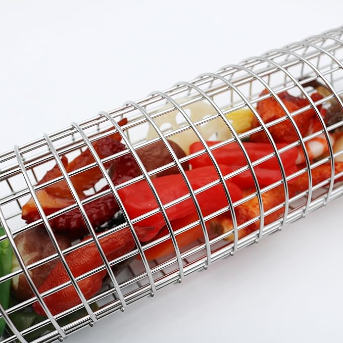 2 Pcs Rolling Grill Baskets for Outdoor Grill Accessories, BBQ Grilling Basket for Vegetables Shrimp Kebob, Thickened Stainless Steel Mesh, Split-Body Design, Perfect Grill Gift for Men, Dad, Husband