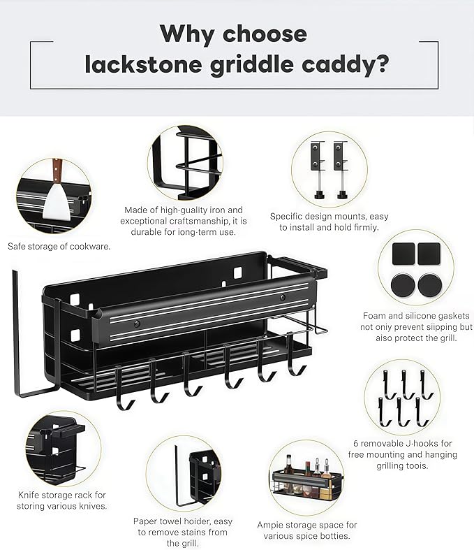 Griddle Caddy for Blackstone 17"/22"/28"/36"/, Blackstone Caddy with Squeeze Bottle, Upgraded 6-in-1 Grill Storage Organizer with Cup & Paper Towel Holder, Outdoor BBQ Grill Accessories