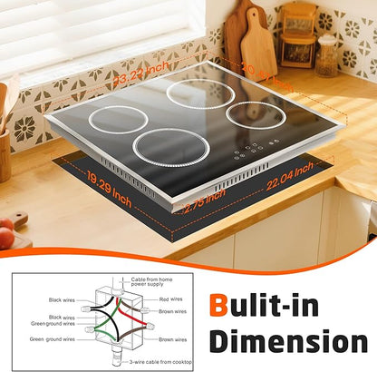 24 Inch Electric Cooktop 4 Burner Electric Stove, 6000W Built in Ceramic Stovetop with Touch Control 24", Timer, Child Lock, 9 Heating Level, 220-240v, Hard Wire(No Plug)