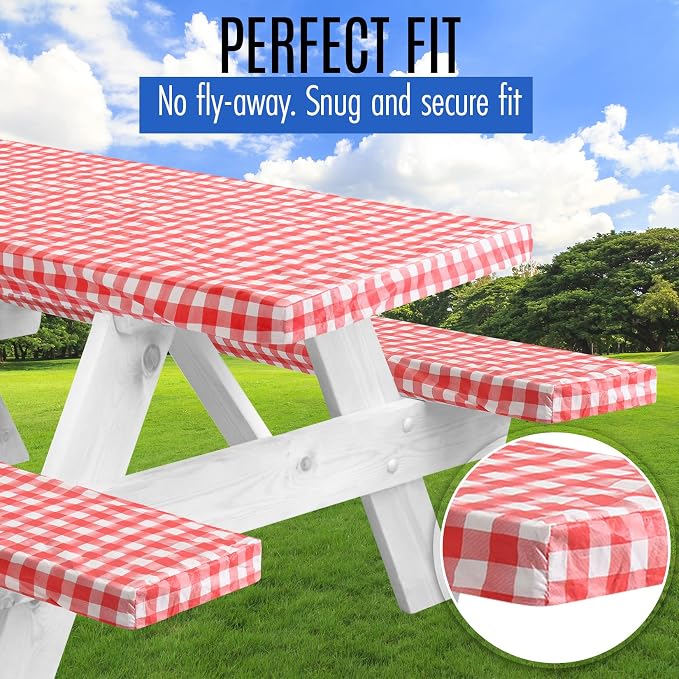LINPRO Premium Picnic Table Cover with Bench Covers Vinyl Fitted Picnic Table Covers with Elastic RV Camping Accessories and Camper Must Haves Waterproof (Red Gingham, 72 x 30 (6ft) with skewers