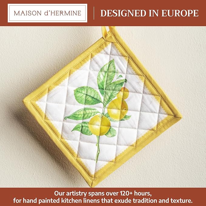 Maison d' Hermine Pot Holders 100% Cotton Heat Resistant Potholders 8" x 8" Hot Pads with Loop BBQ Cooking Baking Hotel Farmhouse Kitchen Handling Hot Pans Spring Summer (Pack of 1, Limoncello)