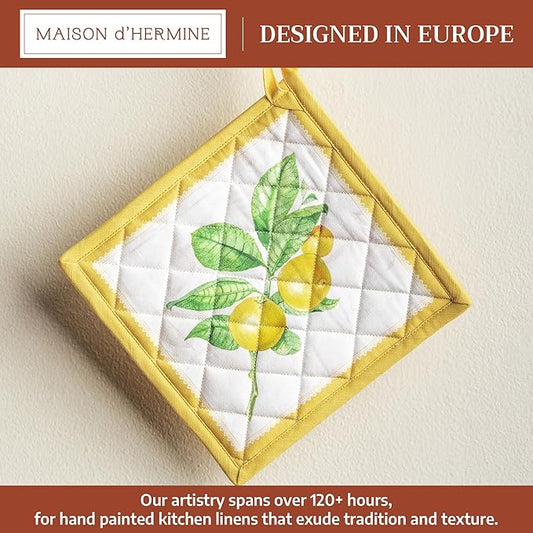 Maison d' Hermine Pot Holders 100% Cotton Heat Resistant Potholders 8" x 8" Hot Pads with Loop BBQ Cooking Baking Hotel Farmhouse Kitchen Handling Hot Pans Spring Summer (Pack of 1, Limoncello)