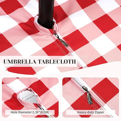 Poise3EHome Square Outdoor Tablecloth with Umbrella Hole and Zipper,Red and White Gingham 60x60 Inch,SpillProof Washable Table Cloth for Spring Summer Patio Garden Poolside Picnic Camping BBQS