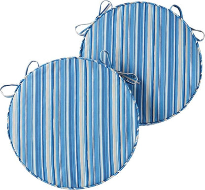Set of 2 Outdoor 18 inch Round Patio Dining Chair Pads – Comfortable Fiber-Filled Seat Cushions with Ties, Reversible Polyester Fabric - Sapphire Stripe