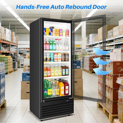 Commercial Beverage Refrigerator, 24.5" Glass Door Display Fridge, 15 Cu.Ft Freestanding Beverage Cooler with 4 Adjustable Shelves, Auto Rebound Door, Low Noise, for Shops, Restaurants & Bars, Black