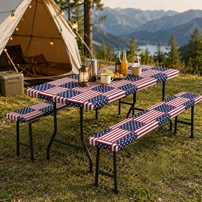 Emwwat Picnic Table Cover with Bench Covers, Waterproof Elastic Corner Fitted Tablecloth for 6 Foot Rectangle Tables, Washable Camping Table Cover Set for Picnic Outdoor BBQ (Red, 72in)