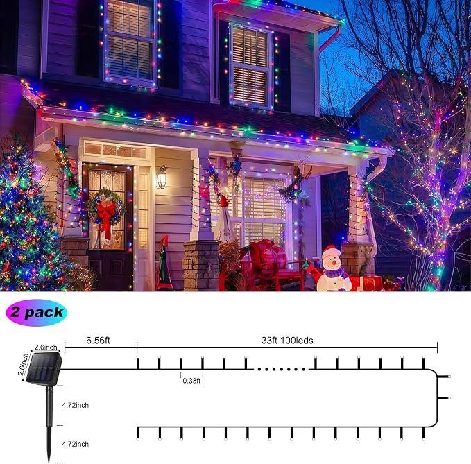 2 Pack Solar String Lights for Outside,Each 33Ft 100 LED Solar String Lights Outdoor Waterproof with 8 Modes,Solar Lights Outdoor for Patio, Garden, Tree, Party Decor-Multicolor