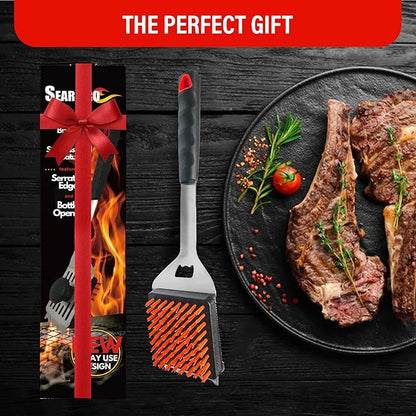 4-in-1 Grill Brush Combo by SearPro BBQ Cleaner Scraper Barbecue Tool Accessories Kit Heat Resistant Nylon Bristle Spatula Outdoor Smoker Black Stone Grate Cast Iron Spatula Non-Wire Brush (4 in 1)